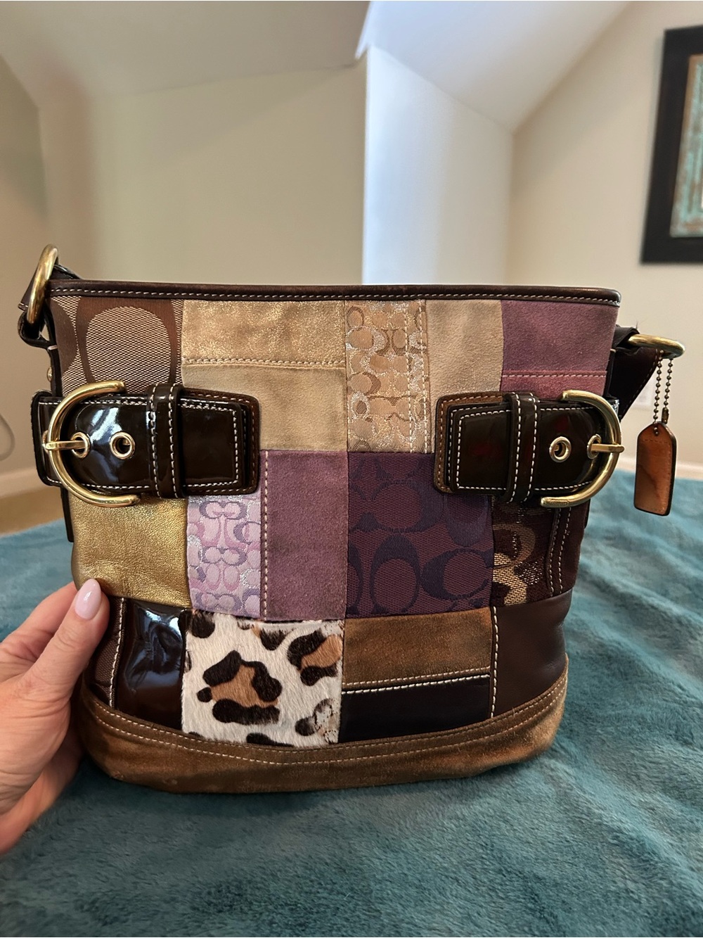 Coach Patchwork Shoulder Bag in Brown, Purple, Gold and Cream